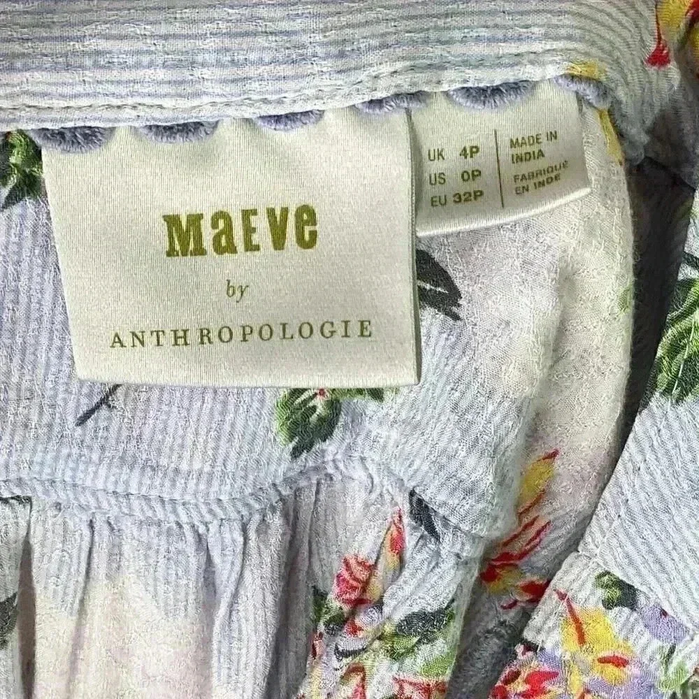 Anthropologie Maeve Boswell Womens 0P Floral Stripe Top Blue Multi 3/4 Sleeve
